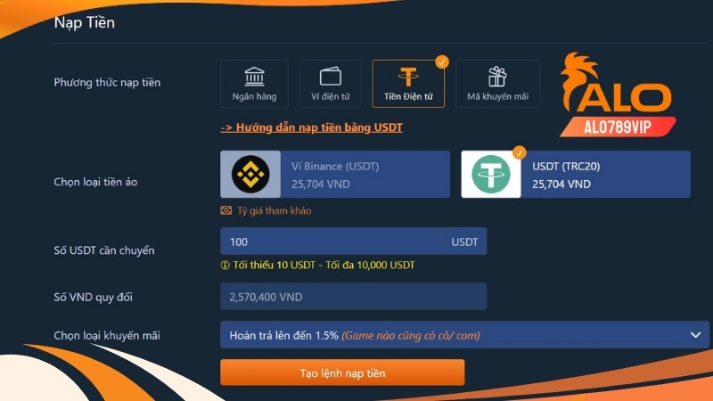 Các bước thực hiện nạp tiền usdt tại alo789